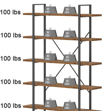 HSH Rustic Bookcases and Book Shelves 5 Shelf, Metal Wood 5 Tier Bookshelf and Storage Book Rack, Vintage Large Book Shelf for Bedroom Living Room Office,Open Vertical Display Etagere Book Case, Brown