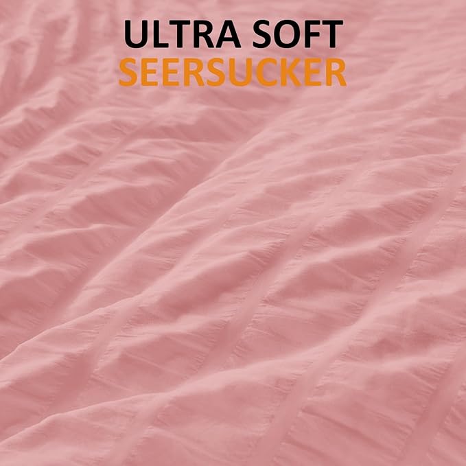 Cozyide Pink Duvet Cover Queen Size, 3 Pieces Bedding Duvet Covers, Soft Breathable Seersucker Duvet Cover Set with Zipper Closure and Corner Ties (1 Duvet Cover 90"x90" + 2 Pillow Shams 20"x26")