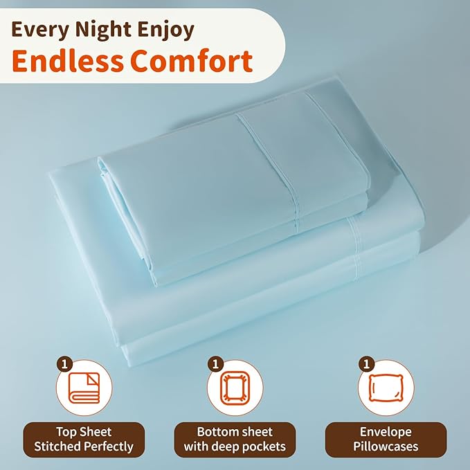 LBRO2M 1000 Thread Count 100% Egyptian Cotton Sheets Set Twin, 3 Piece Sets Bed Sheet Deep Pocket Sheet Set 16" Soft Comfortable All Season (Twin, Light Blue) LBRO2MBedding