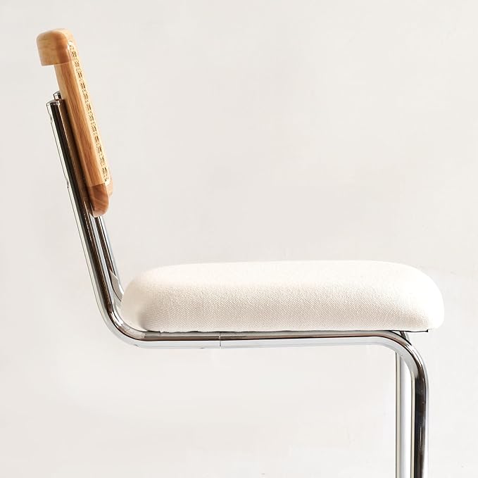 Natural Rattan Counter Height Stools Set of 4 with Solid Wood Back, 24 Inch Mid Century Modern Cesca Bar Stools, White Upholstery Boho Stool for Kitchen Counter with Chrome Metal Legs
