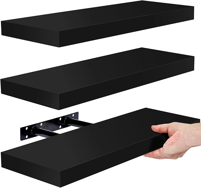 Sorbus Floating Shelves for Wall - Set of 3 Black Wood Shelves for Living Room, Kitchen, Bedroom, Bathroom Storage - 16" Book Shelf for Wall Decor, Home Decor, Farmhouse, Frames & Trophy Display