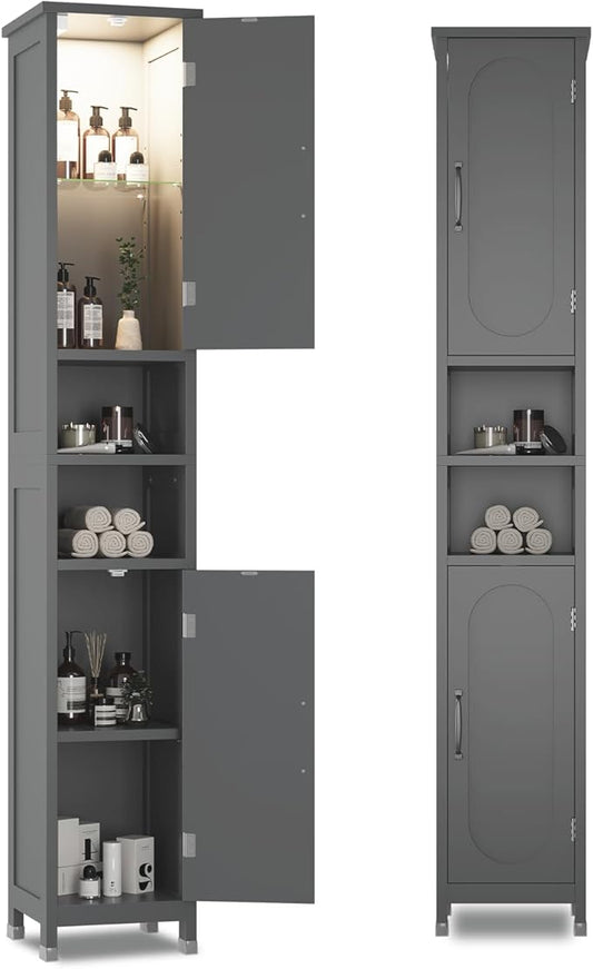 67" Tall Bathroom Storage Cabinet with Lights, Slim Narrow Bathroom Cabinet Organizer with Doors and Adjustable Shelves, Tall Cabinet for Small Space (66.9" Tall-Grey with Light, 1 Pack)