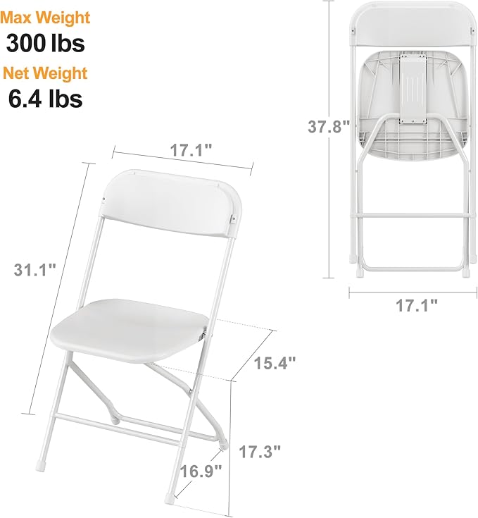 Allpop 10 Pack Plastic Folding Chair, 300lb Capacity, Portable Commercial Chair with Steel Frame for Home Office Wedding Party Indoor Outdoor Events, Stackable, White