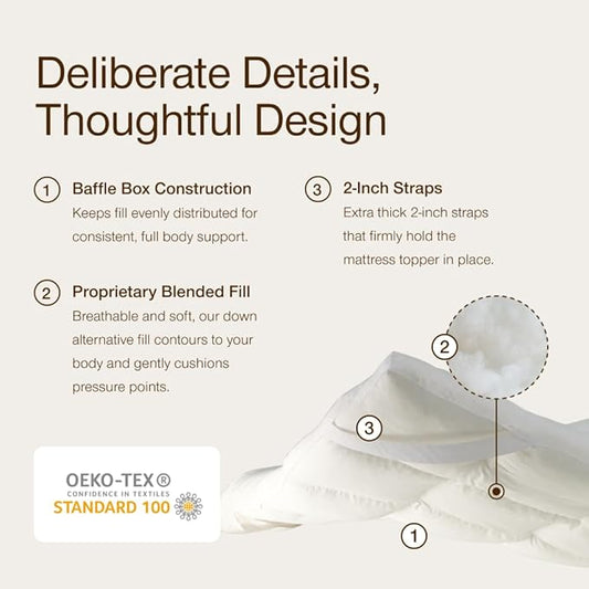 Coop Home Goods Essence Down Alternative Mattress Topper Full, Plush 2-Inch Gusset and Baffle Box Design for Even Support and Comfort, Premium Bed Topper for Pressure Relief, Oeko-TEX Certified