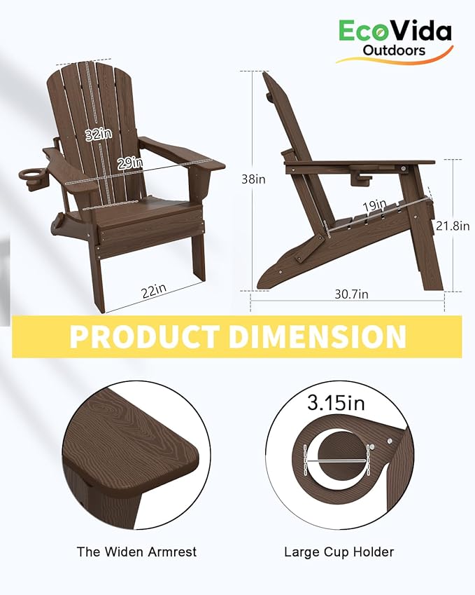 Folding Adirondack Chair 3-Piece Set - 38" Extra Tall Back & Embossed Wood Grain, Oversized HDPE Patio Furniture with Side Table & Cup Holders, 380lb Heavy Duty,Coffee