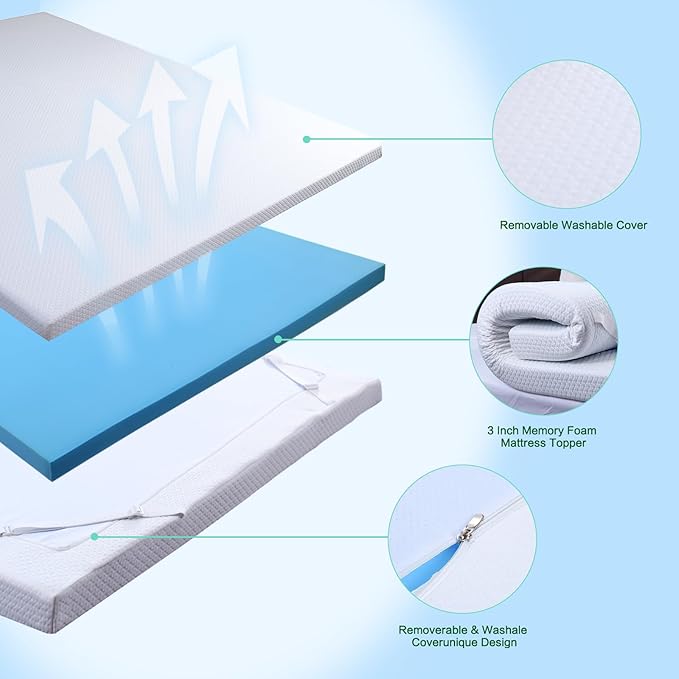 Twin Memory Foam Mattress Topper, Twin Size Mattress Topper 3 Inch High Density Mattress Pad Comfort Cooling, Bed Topper with Removable Cover, 4 Elastic Straps White CertiPUR-US Certified