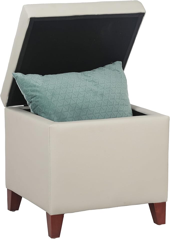 Leather Storage Ottoman with Hinged Lid, Square Foot Rest Stool Tufted Cube Footstool, Beige Grey