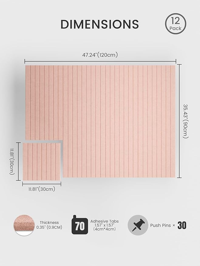Bumusty Large Cork Board Alternative-47 x35 Felt Bulletin Board Tiles, with 30 Pushpins, 70 Adhesive Tabs, 12-Pack Slat Wall Paneling, Cork Boards for Office Push Pin Board Felt Board-Pink