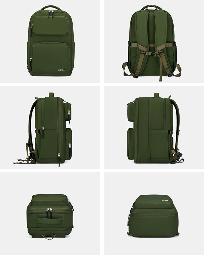 MILADA Expandable Travel Backpack 28L to 39L, TSA-Approved Carry On Backpack with 17 Inch Laptop Compartment, School Business Work Backpack for Men & Women, Green