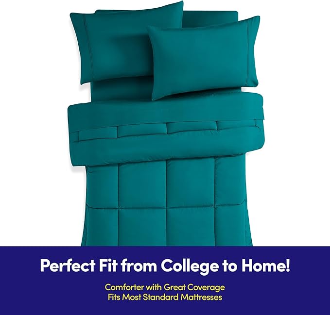 Dorm Room Essentials College Bedding Comforter Set 7 Piece Full Size Bed in a Bag for College Students Boys and Girls, Full, Teal