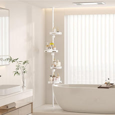 4-Tier Corner Shower Caddy Tension Pole Organizer - Adjustable Rustproof Metal Tension Pole, Plastic Shelves with Safety Guardrail, Bathroom Storage for Shower & Bathtub(White)