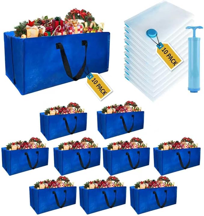10 Pack Heavy Duty Extra Large Moving Bags with Backpack Straps & Vacuum Storage Bags, Moving Totes with Handles for Space Saving, Christmas Storage Bags for Wreaths, Garlands, Decoration & Ornaments