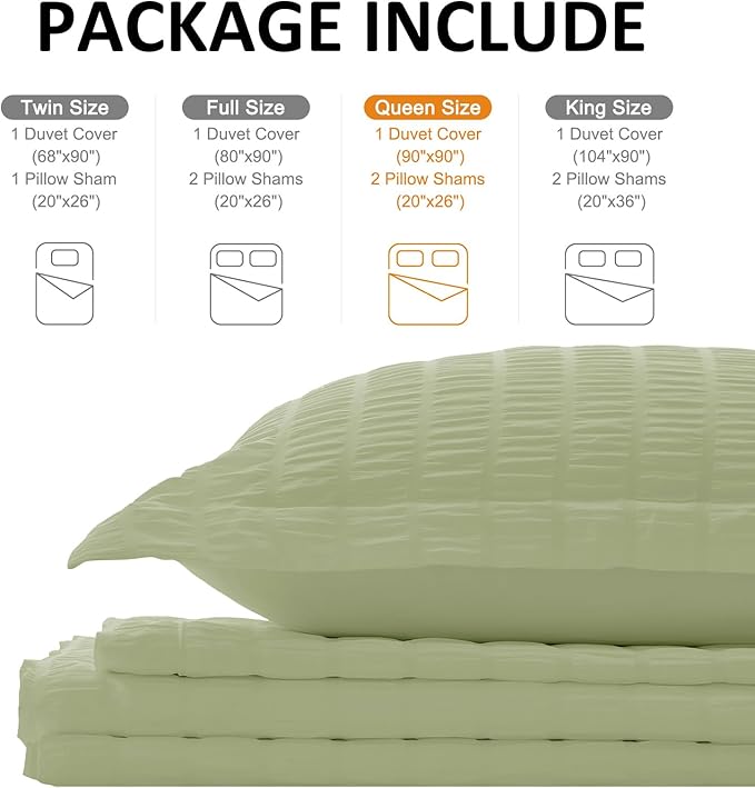 Cozyide Green Duvet Cover Queen Size, 3 Pieces Bedding Duvet Covers, Soft Breathable Seersucker Duvet Cover Set with Zipper Closure and Corner Ties (1 Duvet Cover 90"x90" + 2 Pillow Shams 20"x26")