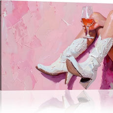 Cowgirl Boots Wall Art Coastal Cowgirl Wall Decor Aesthetic Cowboy Boots with Wine Glass Picture Pink Cowgirl Western Aesthetic Decor Trendy Preppy Girls Room Decor for Bedroom Dorm Framed 16 X 24 in