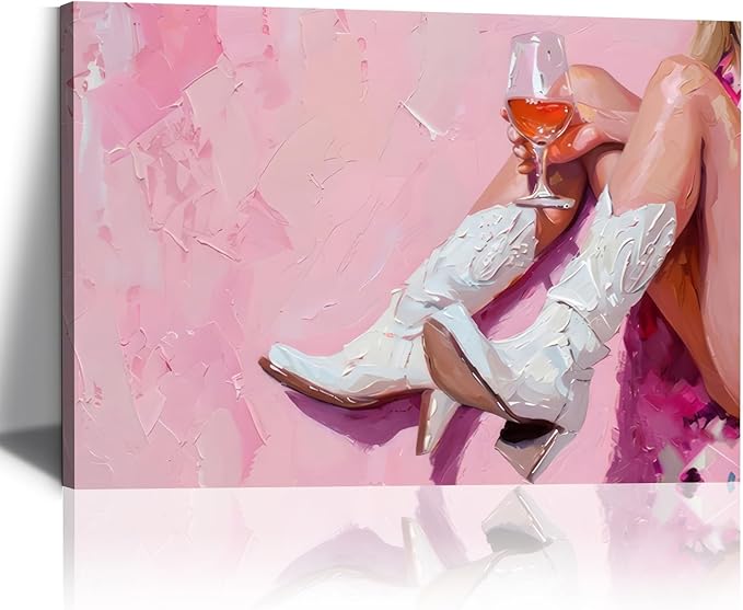 Cowgirl Boots Wall Art Coastal Cowgirl Wall Decor Aesthetic Cowboy Boots with Wine Glass Picture Pink Cowgirl Western Aesthetic Decor Trendy Preppy Girls Room Decor for Bedroom Dorm Framed 16 X 24 in