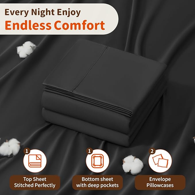 LBRO2M 1000 Thread Count 100% Egyptian Cotton Sheets Set,Full Size Bed Sheet 4 Piece Sets,Long Staple,16 Inches Deep Pocket,All Season,Bedding Super Soft Breathable,Sateen Weave (Black)