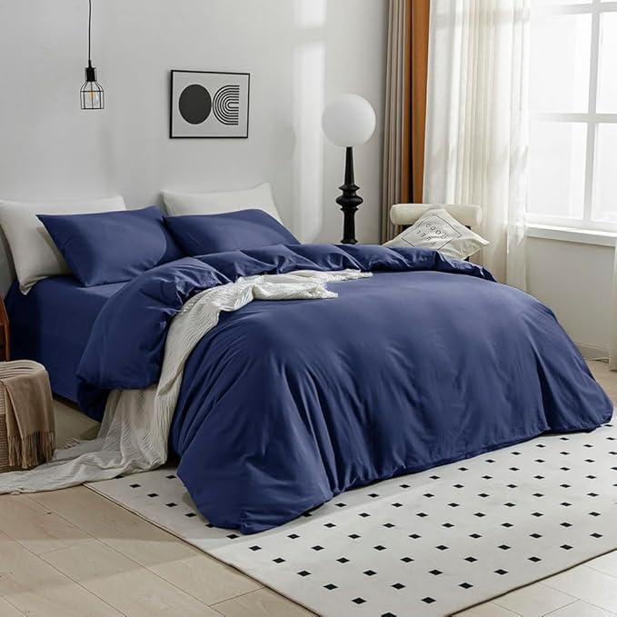 JELLYMONI Cotton Navy Blue Duvet Cover Twin Size - Washed Cotton Linen Like Textured Comforter Cover, 2 Pieces Breathable Soft Bedding Set with Zipper Closure (Navy Blue, Twin 68"x90")