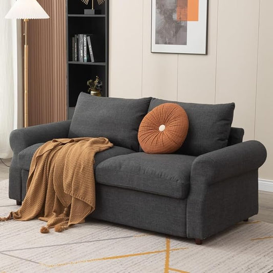 Panana Modern 2 and 3 Seats Loveseat Sofa Couch with Storage, Small Love Seat Couches for Living Room, Bedroom, Apartment, Office (Dark Gray Linen Fabric, Scroll Arm - 3 Seater)