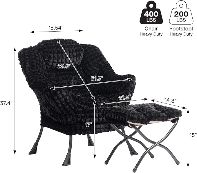 HollyHOME Lazy Chair with Foldable Ottoman, Accent Comfy Lounge Armchair and Folding Footrest Stool, Leisure Sofa Reading Chair and Footstool for Living Room, Bedroom, Dorm,Faux Fur Black