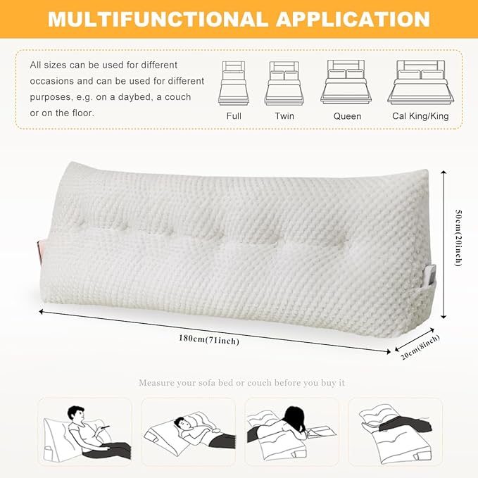Large Triangular Headboard Wedge Pillow Soft and Supportive Headboard Backrest Positioning Support Bolster Cushion, Bed Wedge Pillow with Removable Cover(White,Cal King,71x8x20inch)
