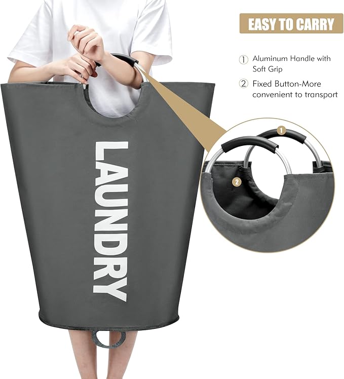 90L Large Laundry Basket, Freestanding Tall Clothes Hamper, Collapsible Laundry Bag, Dark Grey