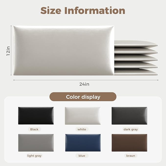 6-Piece Wall Mount Headboard Kit - White Peel and Stick Upholstered Headboard for Queen Size Bed, Floating Bed Backboard, 24" x 12" Panels, Artificial Leather