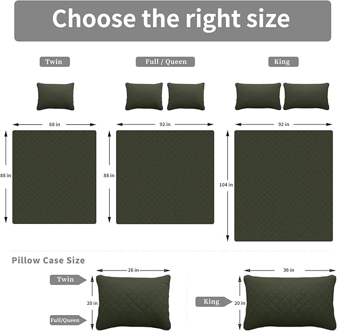 Easy-Going King Size Reversible Quilt Set with 1 Quilt and 2 Pillow Shams, Soft Bed Quilt Cover, Water Resistant Lightweight Microfiber Bedspread, Stain Resistant, Army Green/Beige