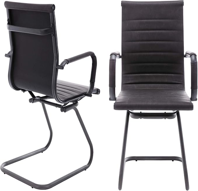 Office Desk Chair No Wheels Set of 8 PU Leather Computer Chairs Mid Back Guest Chairs for School Reception Conference Waiting Room, Vintage Charcoal