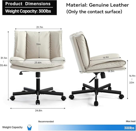 LEAGOO Criss Cross Chair with Wheels, Genuine Leather Armless Cross Legged Office Chair, Comfy Desk Chair, Modern Swivel Height Adjustable Computer Task Chair, Wide Seat Cute Chair for Home Office