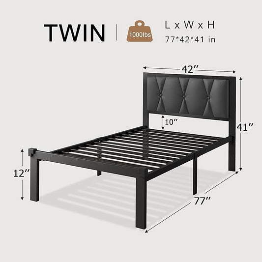 Twin Size Metal Bed Frame, Platform Bed with Faux Leather Button Tufted Headboard, 12" Underbed Storage, Steel Slats Support, No Box Spring Needed, Easy Assembly, Noise-Free, Black