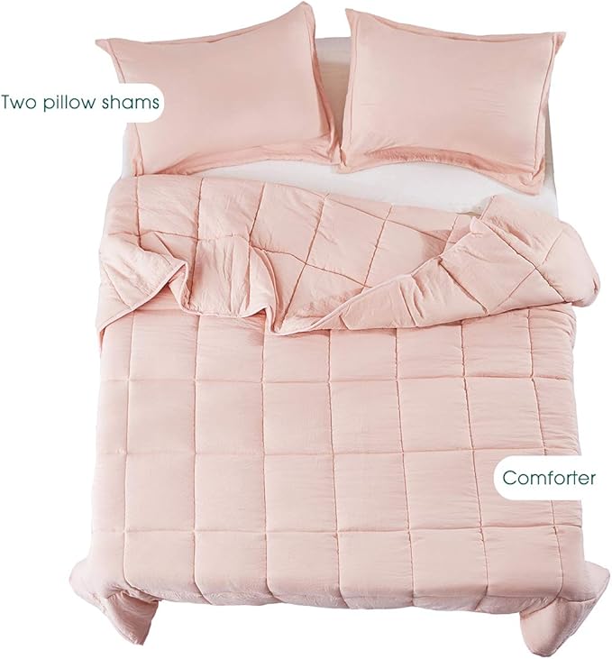 HIG 3pc Prewashed All Season Down Alternative Comforter Duvet Insert -Quilted Comforter with Corner Tabs -Box Stitched -250GSM Fiberfill Chic Farmhouse Style Bedding(Twin,Peach Pink)