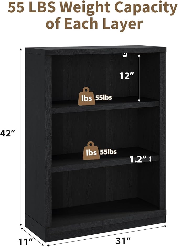 Rresyet 3 -Tier Bookcase and Book Shelf, 31” Wide Bookshelves, Wooden Bookcase Display Storage for Home Office, Living Room and Study Room (Black)