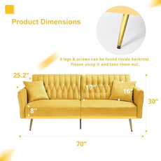70” Velvet Futon Sofa Bed w/Adjustable Armrests & 2 Pillows, Convertible Futon Couch w/Adjustable Backrests, Modern Sleeper Bed for Living Room, Bedroom, Yellow