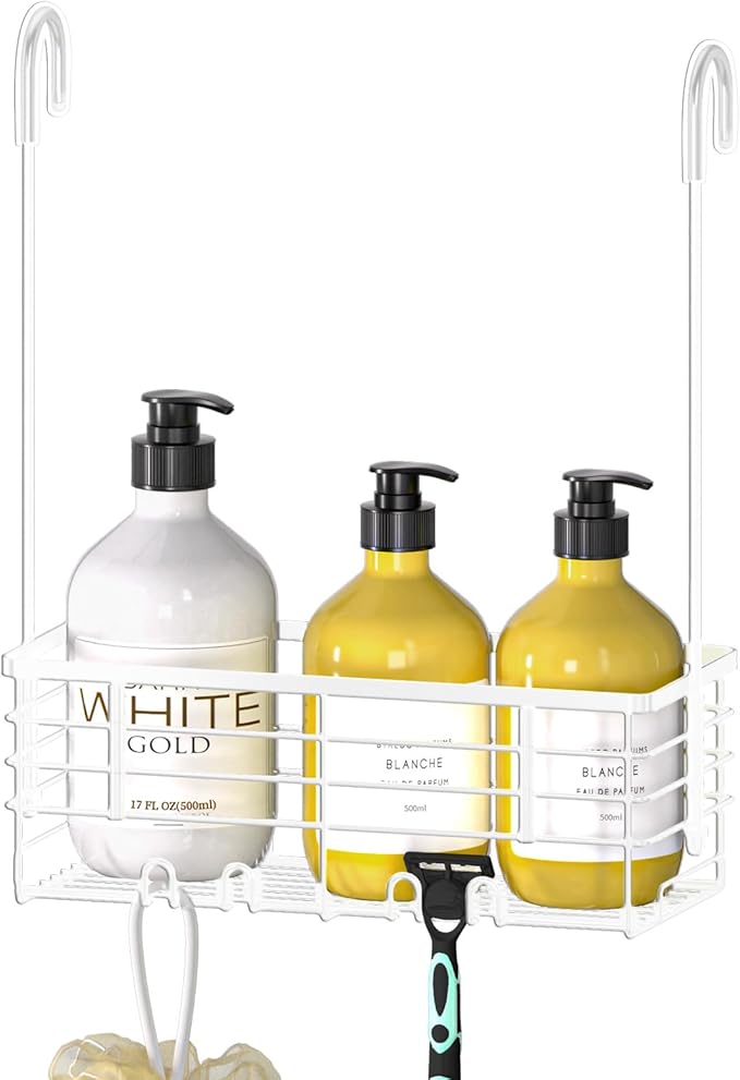 DELLAN Hanging Shower Caddy, Shower Rack Hanging for Bathroom, Shower Rack with Hooks Over the Door, Bathroom Shower Caddy and Basket(White)