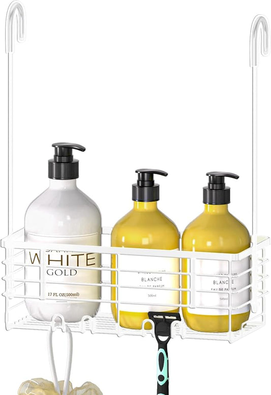 DELLAN Hanging Shower Caddy, Shower Rack Hanging for Bathroom, Shower Rack with Hooks Over the Door, Bathroom Shower Caddy and Basket(White)