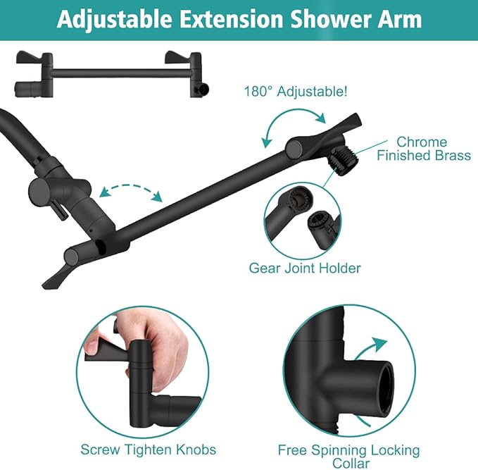 Shower Head, 8‘’ High Pressure Rainfall Shower Head/Handheld Shower Combo with 11'' Extension Arm, 9 Settings Anti-leak Shower Head with Holder, Height/Angle Adjustable, Matte Black
