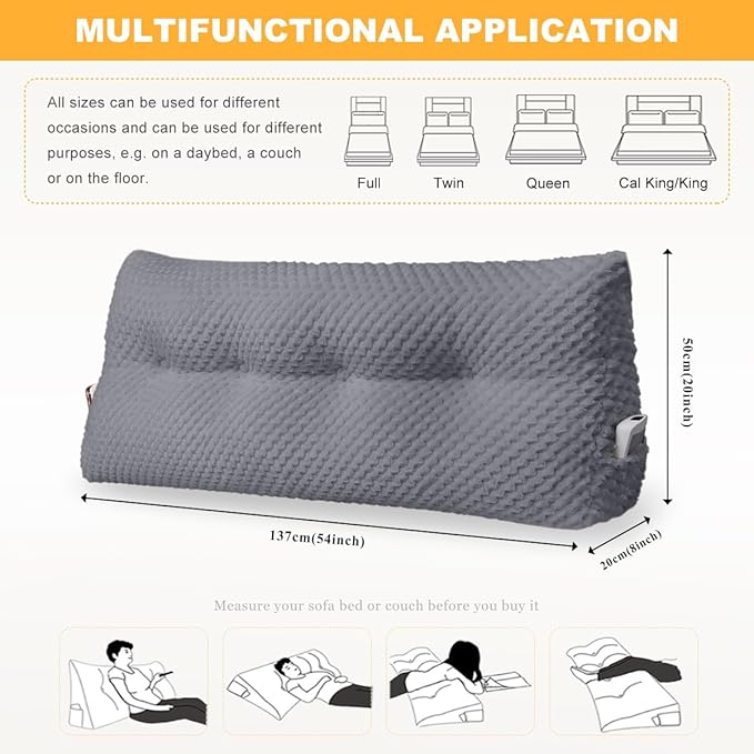 Large Triangular Headboard Wedge Pillow Soft and Supportive Headboard Backrest Positioning Support Bolster Cushion, Bed Wedge Pillow with Removable Cover(Dark Gray,Full,54x8x20inch)