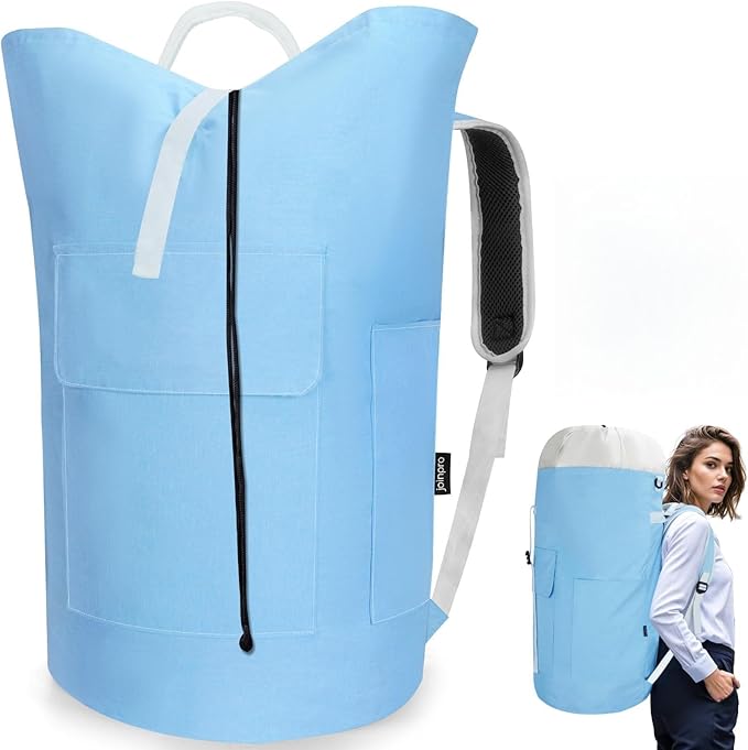 Laundry Bag Backpack, 125L Extra Large Travel with Shoulder Straps, Adjustable & Extendable Design, Laundry Hamper Bag with 3 Pockets for Laundromat, College, Travel, Camping (Light Blue)