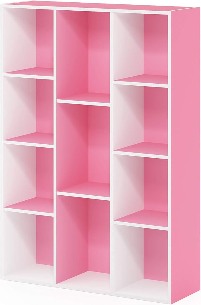 Furinno LUDER Book Shelf, 11-Cube Bookshelf, Reversible Bookcase, 9.4 x 29.1 x 41.7, for Living Room, Bedroom, Home Office, White/Pink