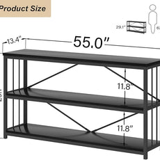 HSH Black Horizontal Bookcase, Metal and Wood Low Bookshelves with 3 Tier Shelf for Home Office, Modern Wooden Wide Open Etagere Bookcase with Storage for Bedroom Living Room, Black Oak, 55 Inch