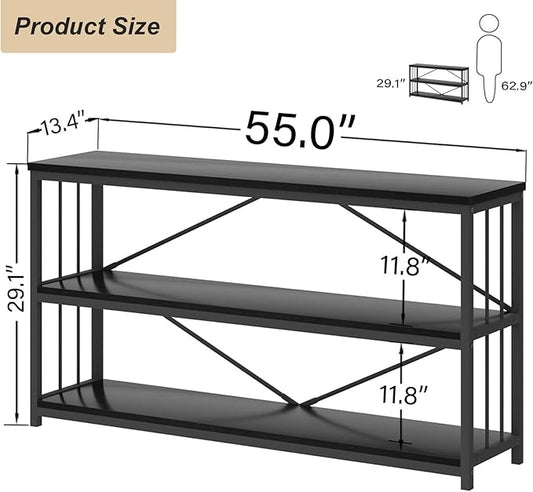 HSH Black Horizontal Bookcase, Metal and Wood Low Bookshelves with 3 Tier Shelf for Home Office, Modern Wooden Wide Open Etagere Bookcase with Storage for Bedroom Living Room, Black Oak, 55 Inch