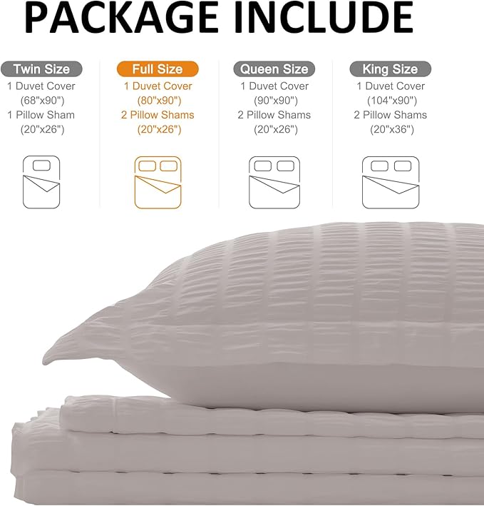 Cozyide Light Grey Duvet Cover Full Size, 3 Pieces Bedding Duvet Covers, Breathable Seersucker Duvet Cover Set with Zipper Closure and Corner Ties (1 Duvet Cover 80"x90" + 2 Pillow Shams 20"x26")