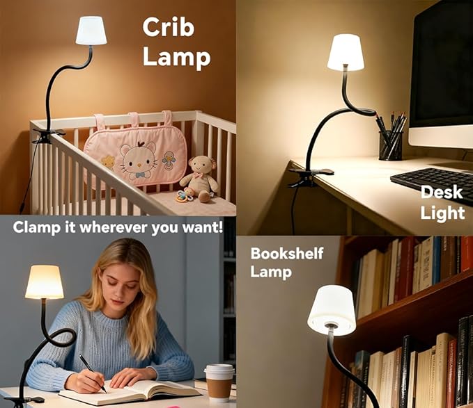 Clip On Light and Bed Reading Light, Clip on for Desk, Bedside Lamps for Dorm, College Dorm Room Essentials, Night Light for Kids Nursery, Multicolor LEDs, Adapter Included