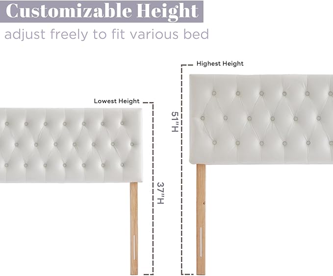 Kingfun Tufted Upholstered Twin Size Velvet Headboard in Modern Button Design, Adjustable Solid Wood Head Board, Premium Sponge Padded Headboards in Bedroom (White)