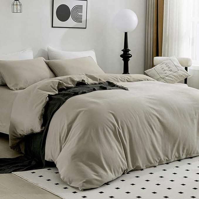 JELLYMONI Cotton Duvet Cover Full Size - 100% Washed Cotton Linen Like Textured Comforter Cover, 3 Pieces Lightweight Soft Bedding Set with Zipper Closure (Linen Grey, Full 80"x90")