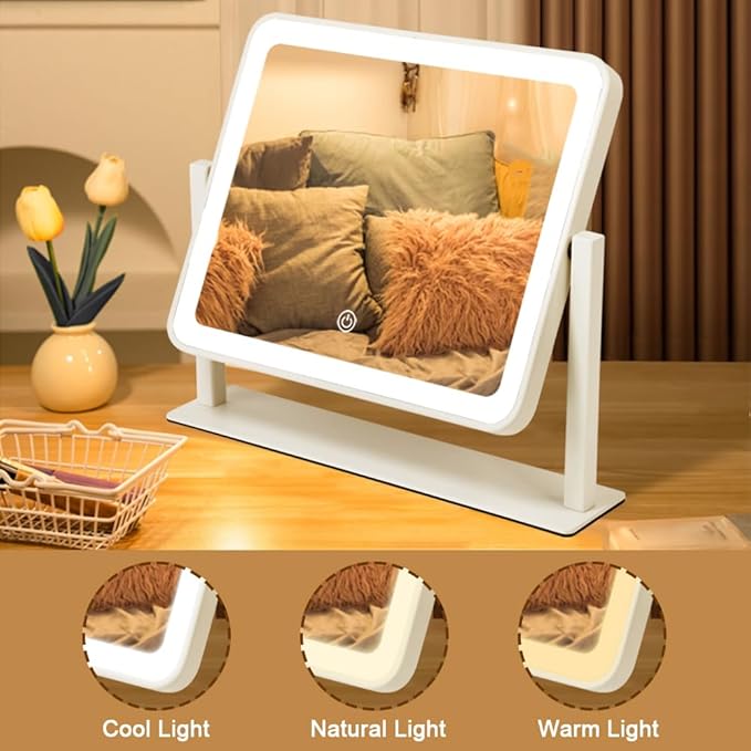Rechargeable Vanity Mirror with Lights, 14"×12" LED Makeup Mirror, Smart Touch Control, 3 Color Lighting with Adjustable Brightness,Cosmetic Mirror for Bedroom, Vanity Desk, Beauty Routine