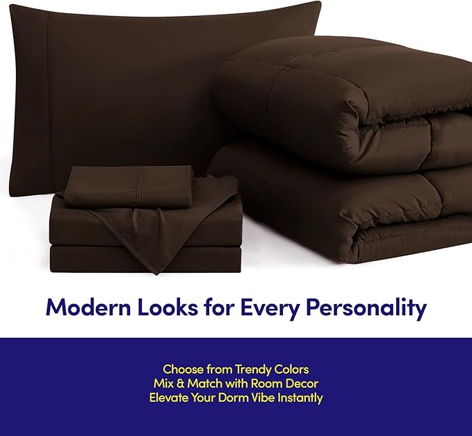 Dorm Room Essentials College Bedding Comforter Set 5 Piece Twin XL Size Bed in a Bag for College Students Boys and Girls, Twin XL, Chocolate Brown