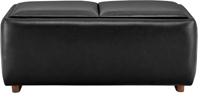 CHITA Storage Ottoman with Tray Lids, FSC Certified Small Rectangular Bench for Living Room, Bedroom, Faux Leather in Black (Light)