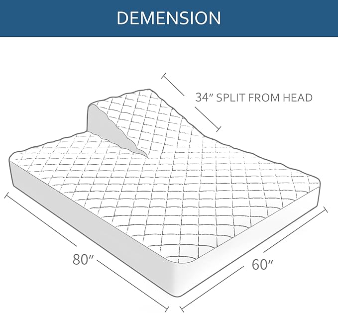Waterproof Split Top Queen Mattress Pad Protector for Adjustable Bed, 34" Top Split from Head, Noiseless, Soft Padded Matress Protector
