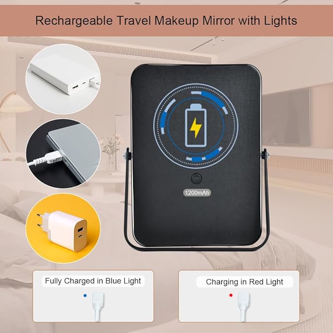 Rechargeable Makeup Vanity Mirror with Lights, Small Desk Makeup Mirror with Lights, 3 Lighting Modes, Dimmable Touch Screen, Tabletop Light up Mirror